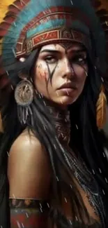 Tribal woman with feathered headdress artwork.