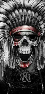 Tribal skull with feathered headdress in artistic monochrome style.