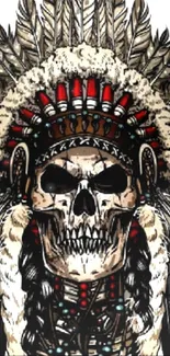 Tribal skull with feather headdress art wallpaper.