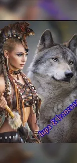 Tribal woman and gray wolf wallpaper.