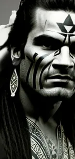 Tribal tattoo art portrait with bold black designs on a man's face.