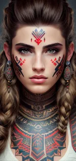 Woman with tribal tattoos and intricate designs on a mobile wallpaper.