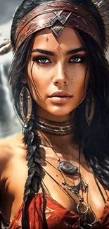 Artistic depiction of a tribal warrior woman with intricate detailing.