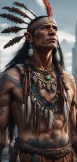 Tribal warrior standing with urban skyline backdrop.