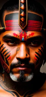 Tribal warrior close-up with vibrant face paint.