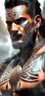 Tribal warrior with tattoos in 4K wallpaper.