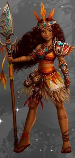 Colorful tribal warrior princess with spear and intricate design.