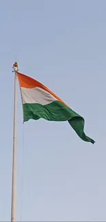 Tricolor flag waving against a clear blue sky.