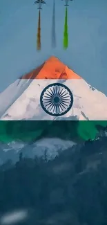 Indian flag on mountain with jets in sky.