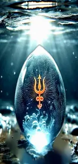 Trident symbol submerged in water with mystical glowing effect.