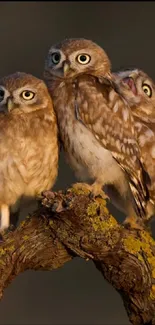 Three owls perched on a branch, set against a dark background.