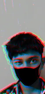 Masked person with a trippy neon effect on beige background.