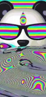 Trippy panda with glasses and neon colors wallpaper.