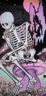 Skeleton sits on a mushroom under a cosmic purple sky with psychedelic vibes.