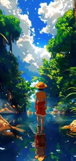 Tropical anime scene with adventurer by river.