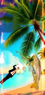 Vibrant tropical beach wallpaper with palm tree and fishing scene.