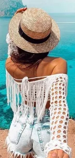 Woman in stylish attire explores tropical beach scenery.