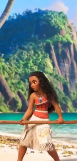 Animated character on a tropical beach with lush green mountains.