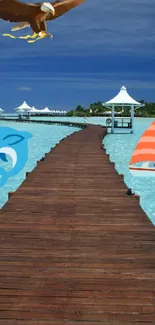 Tropical pier with dolphin, boat, and eagle under blue sky.