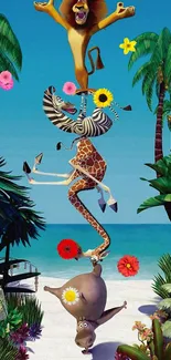 Stack of animated animals in a tropical setting.