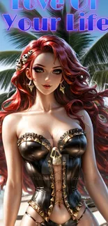 Anime warrior with red hair on a tropical beach background.