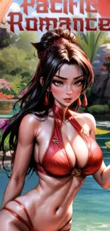 Anime character in a tropical scene wearing red swimwear.