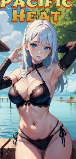 Anime girl on a tropical beach in a vibrant art style.