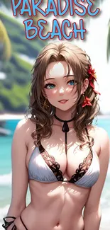 Anime girl standing on a tropical beach with palm trees and ocean in the background.