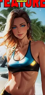 Anime character on a tropical beach with palm trees and ocean.