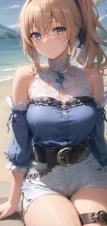 Anime character in blue outfit on a tropical beach setting with mountains.