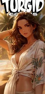 Anime style beach scene with a stylish character and tropical vibes.