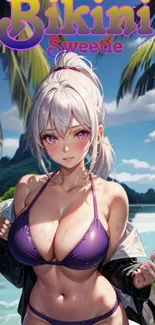 Anime girl in a bikini on a tropical beach background.