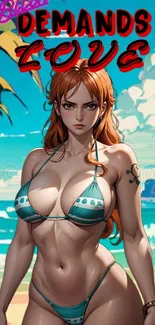 Anime character at a tropical beach with vibrant colors.