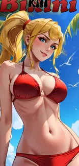 Anime character in red bikini on tropical beach.