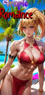 Anime character in a bikini at a tropical beach with palm trees and ocean.