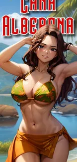 Anime character at tropical beach with vibrant scenery.