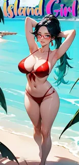 Anime character on tropical beach with vibrant colors and island scenery.