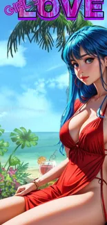 Anime girl with blue hair at a tropical beach in red attire.