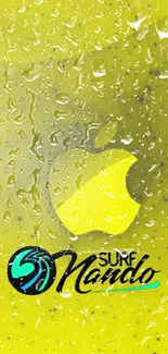 Yellow wallpaper with apple design and water droplets.