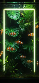 Vibrant wallpaper of glowing tropical leaves and clownfish.