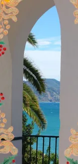 Tropical archway view with festive holiday decorations and seaside background.