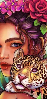 Tropical art wallpaper with woman and jaguar.