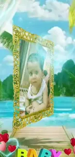 Tropical wallpaper with baby photo frame and nature scenery.