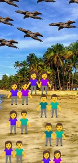 Artistic tropical beach scene with emojis and jets overhead.