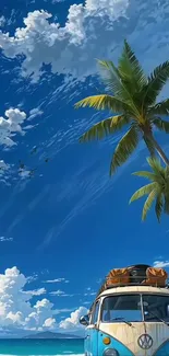 Vintage van on a tropical beach with palm trees under a clear blue sky.