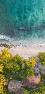 Aerial view of a tropical beach with turquoise water and lush greenery.