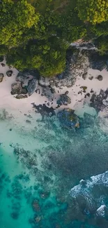 Aerial view of a tropical beach with lush greenery and blue waters.