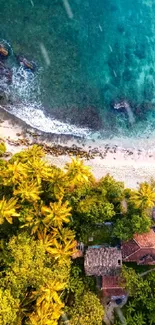 Aerial view of a tropical beach with lush greenery and turquoise ocean waves.