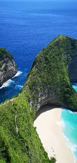 Aerial view of a tropical island with lush greenery and vibrant blue ocean.