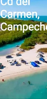 Aerial view of tropical beach in Campeche with clear turquoise waters.